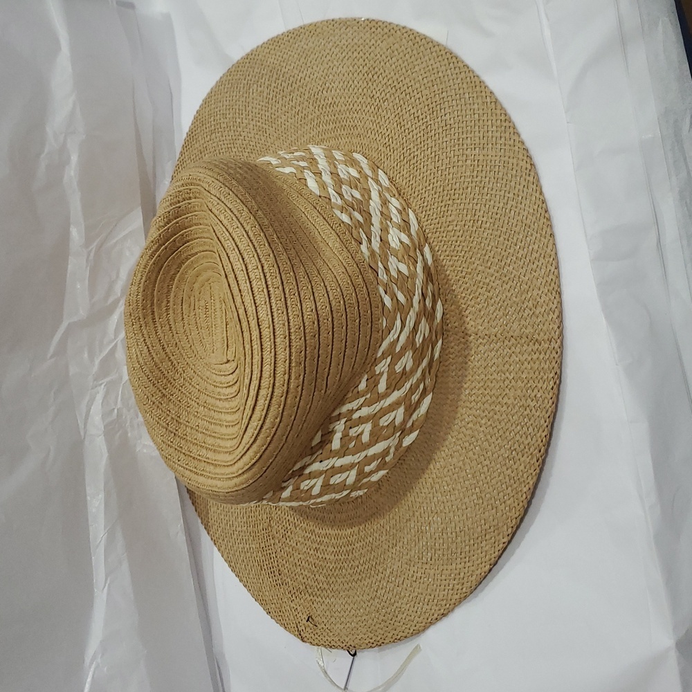 Joe's‎ jean tan cream color block braided detail straw panama style hat new